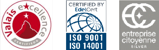 Trois logos pour Valais Excellence, iso 9001, iso 14001 et entreprise citoyenne.