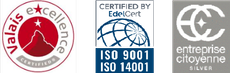 Trois logos pour Valais Excellence, iso 9001, iso 14001 et entreprise citoyenne.
