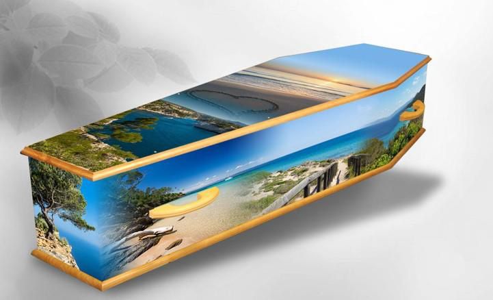 Cercueil avec motif personnalisé île paradisiaque