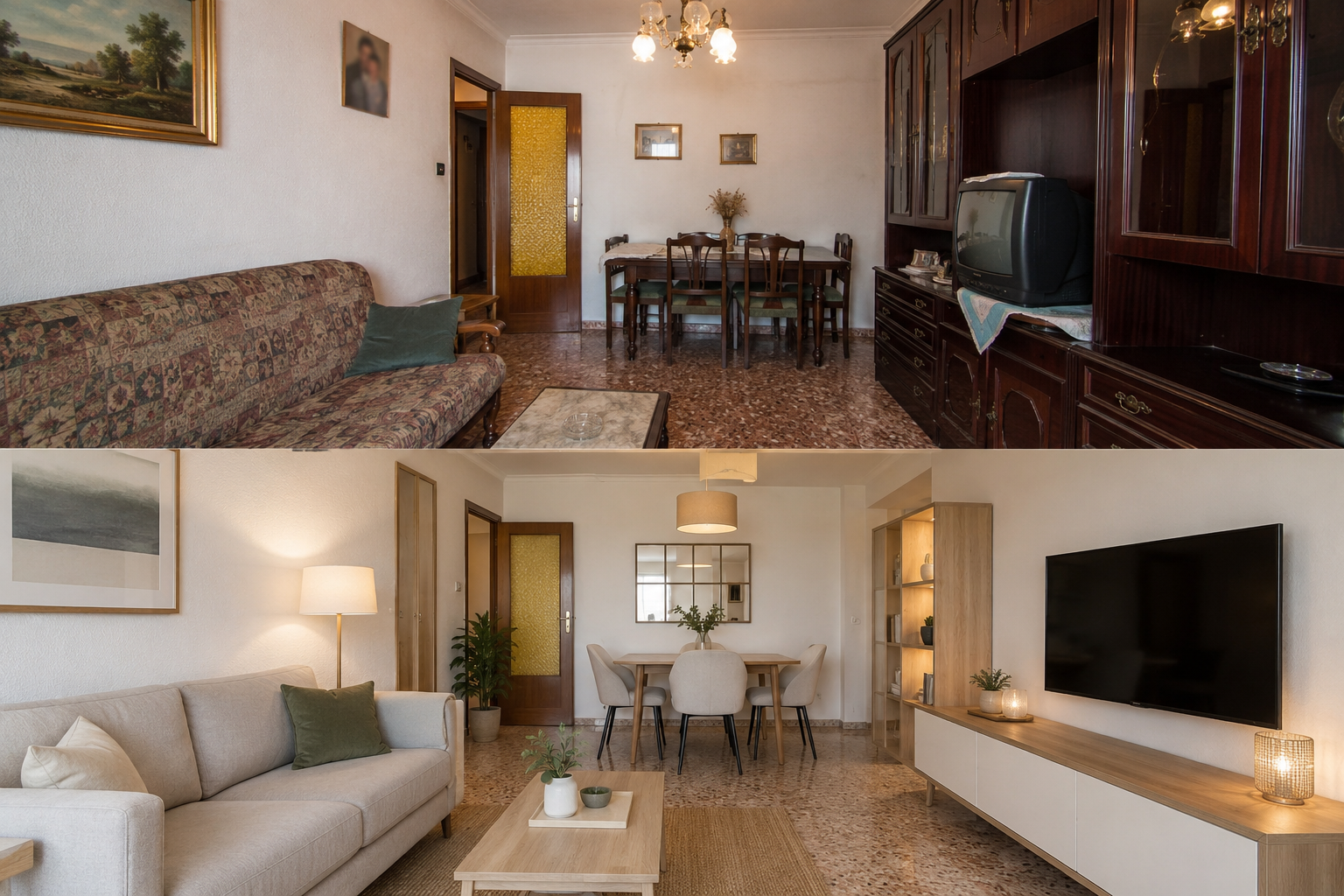 Comparación de salones con pantalla dividida: decoración tradicional oscura arriba, decoración moderna y luminosa abajo.