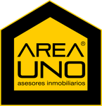 Logotipo de AREA UNO inmobiliaria en negro y amarillo, icono con forma de casa con texto.