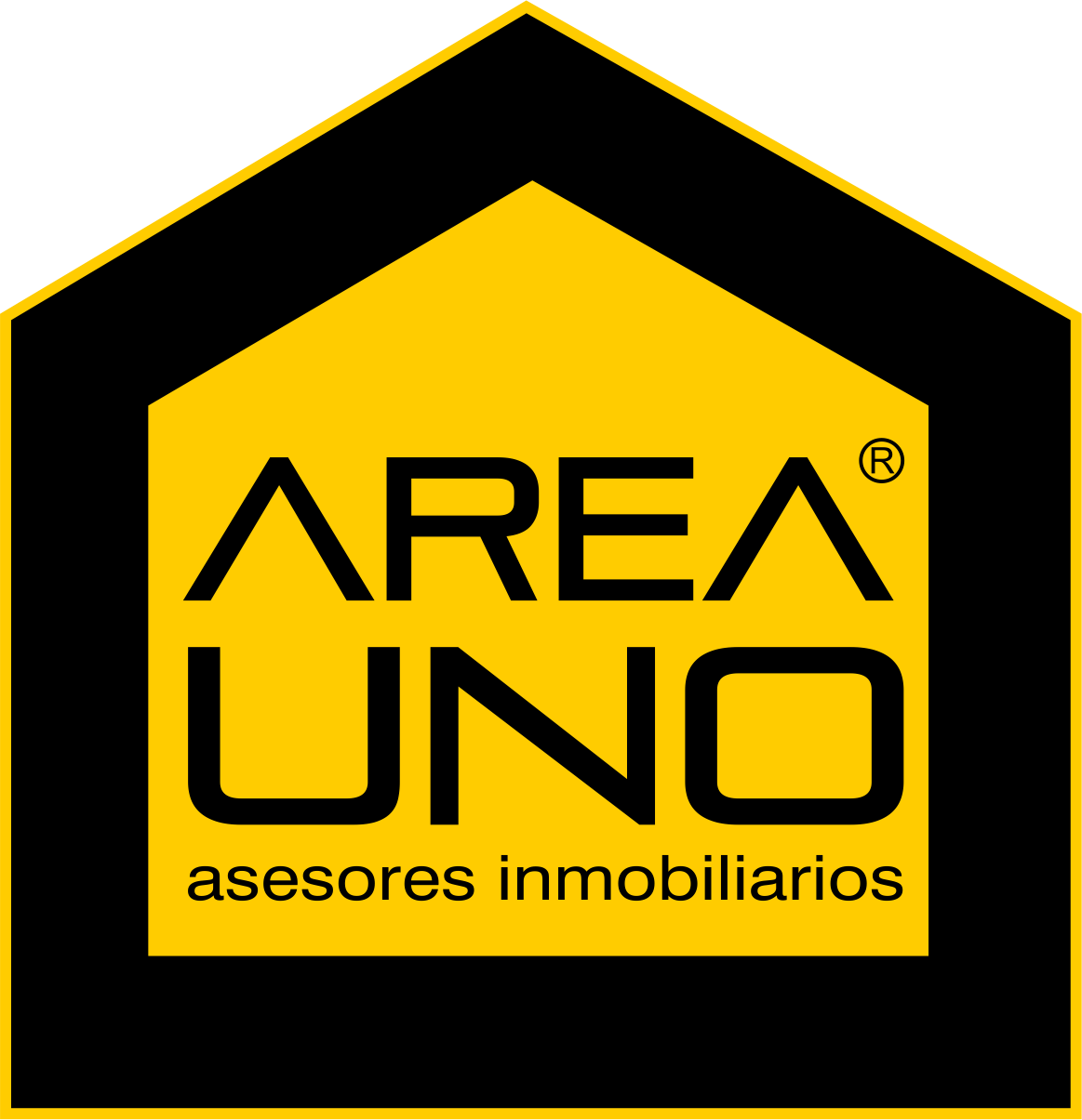 Logotipo de AREA UNO inmobiliaria en negro y amarillo, icono con forma de casa con texto.