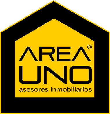 Logotipo de AREA UNO inmobiliaria en negro y amarillo, icono con forma de casa con texto.