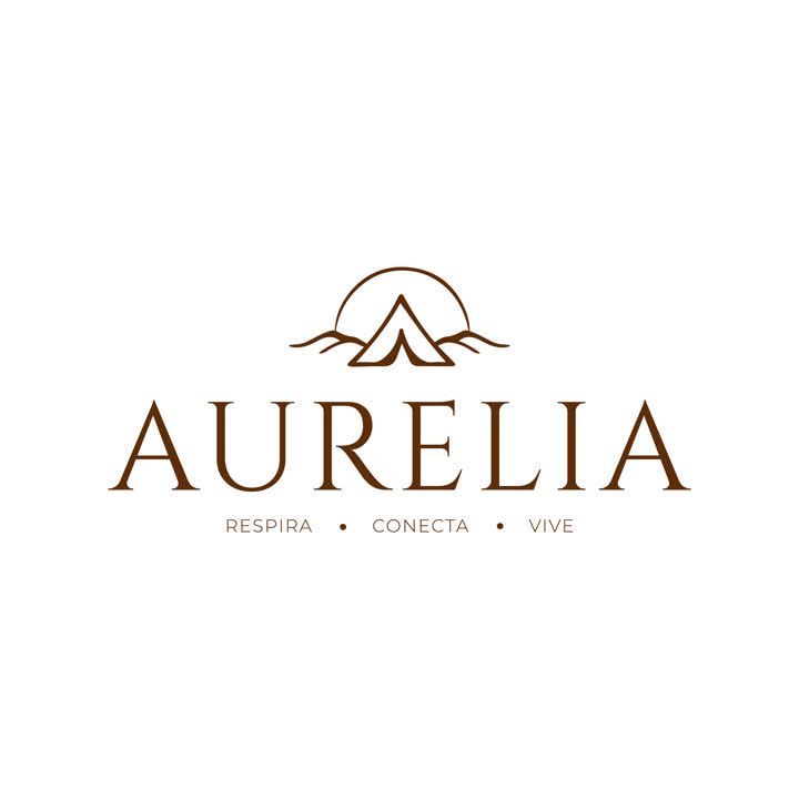AURELIA logo in white on a brown background, with a mountain icon and the words &ldquo;Respira &bull; Conecta &bull; Vive&rdquo;