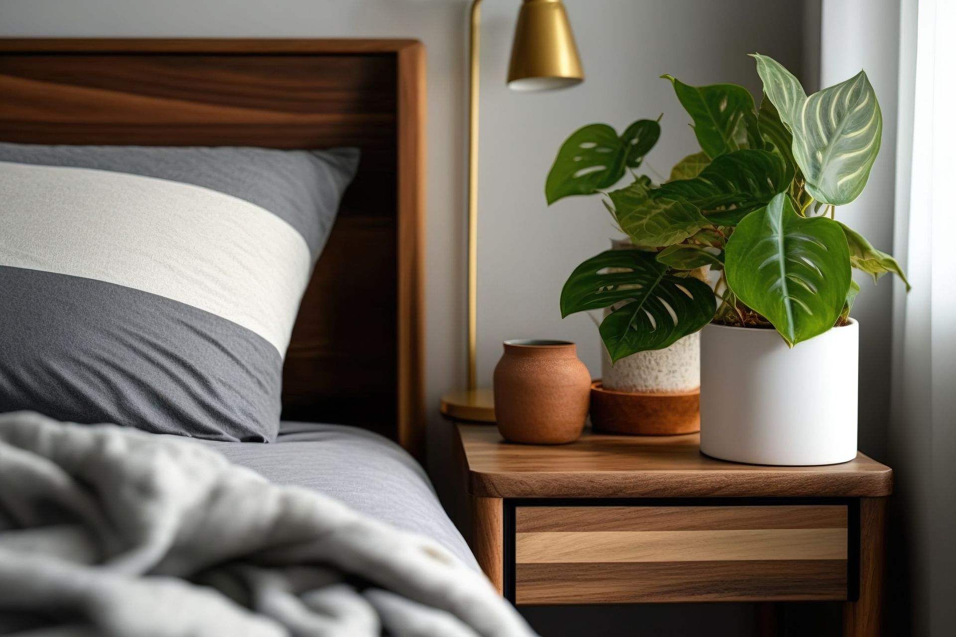 Mesita de noche con planta, lámpara y jarrón. La cama tiene una almohada gris y blanca.