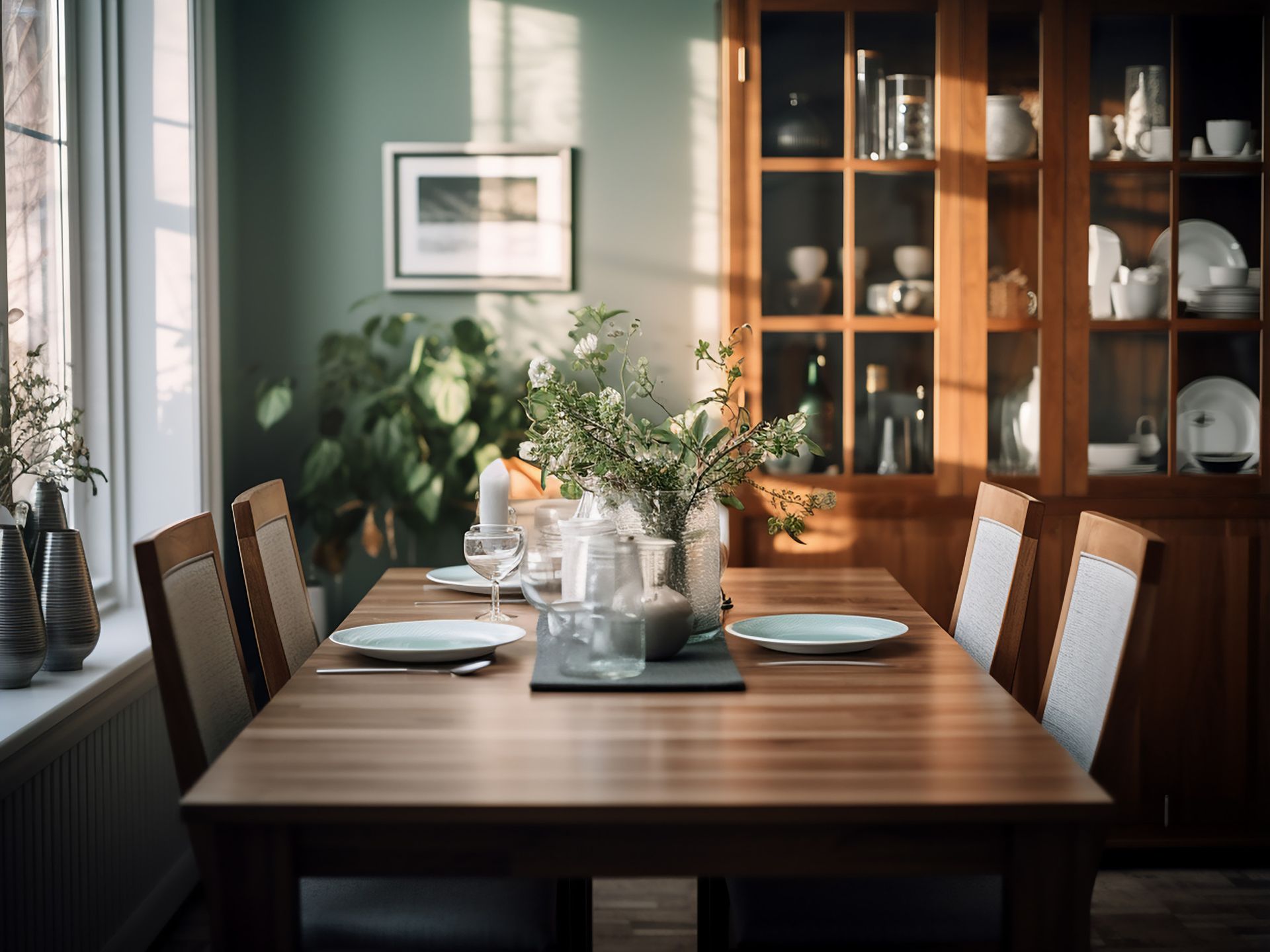 Comedor con una mesa de madera preparada para comer, un mueble de madera lleno de platos y una ventana soleada.