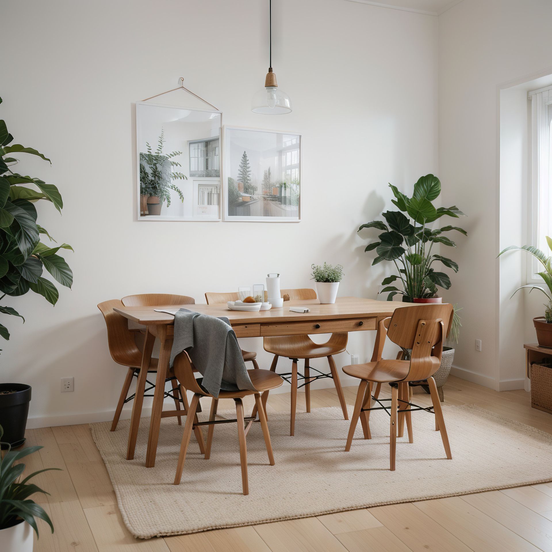 Comedor con mesa de madera, sillas, plantas y alfombra.