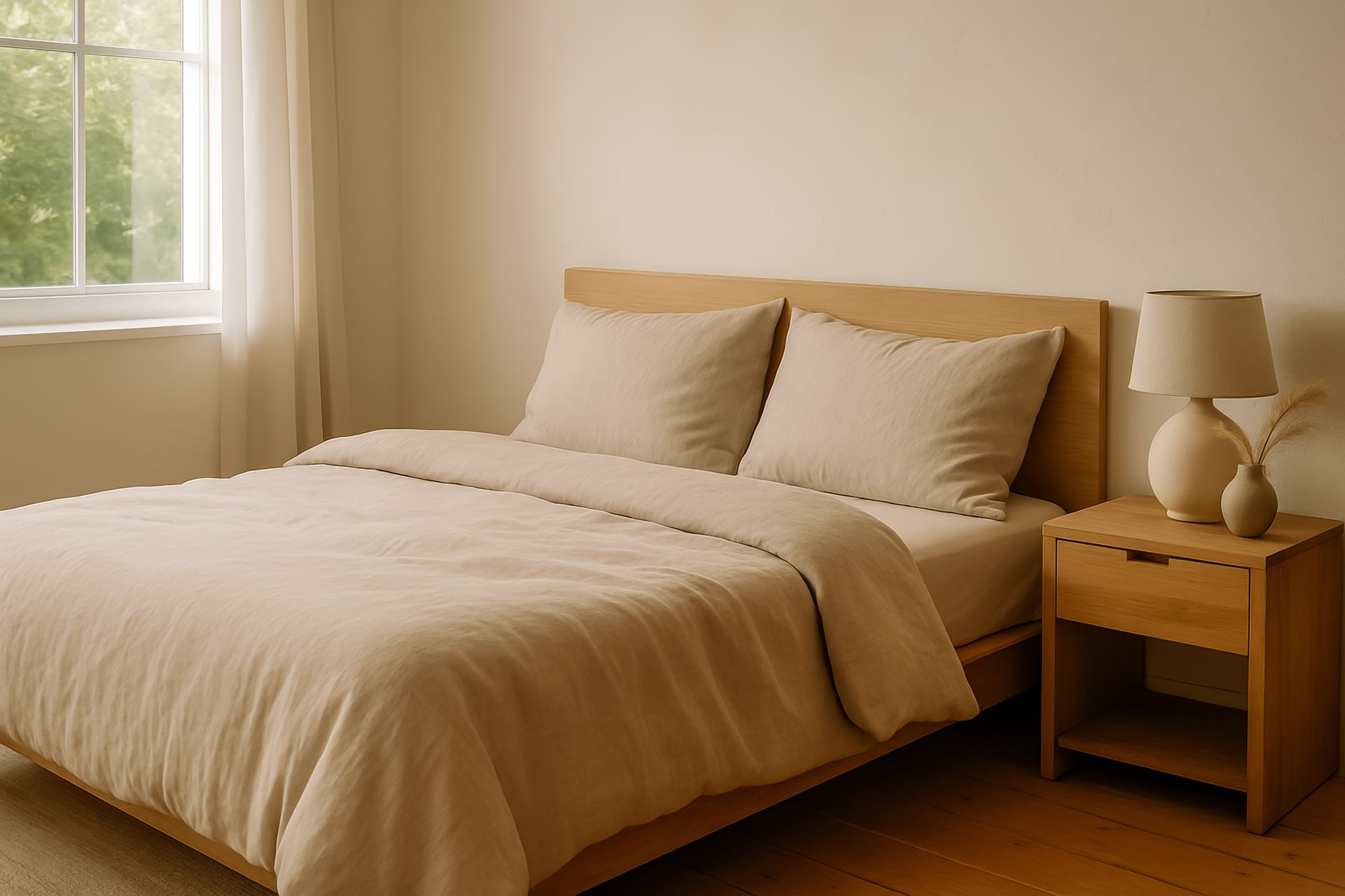 Dormitorio beige con cama, mesita de noche y ventana.