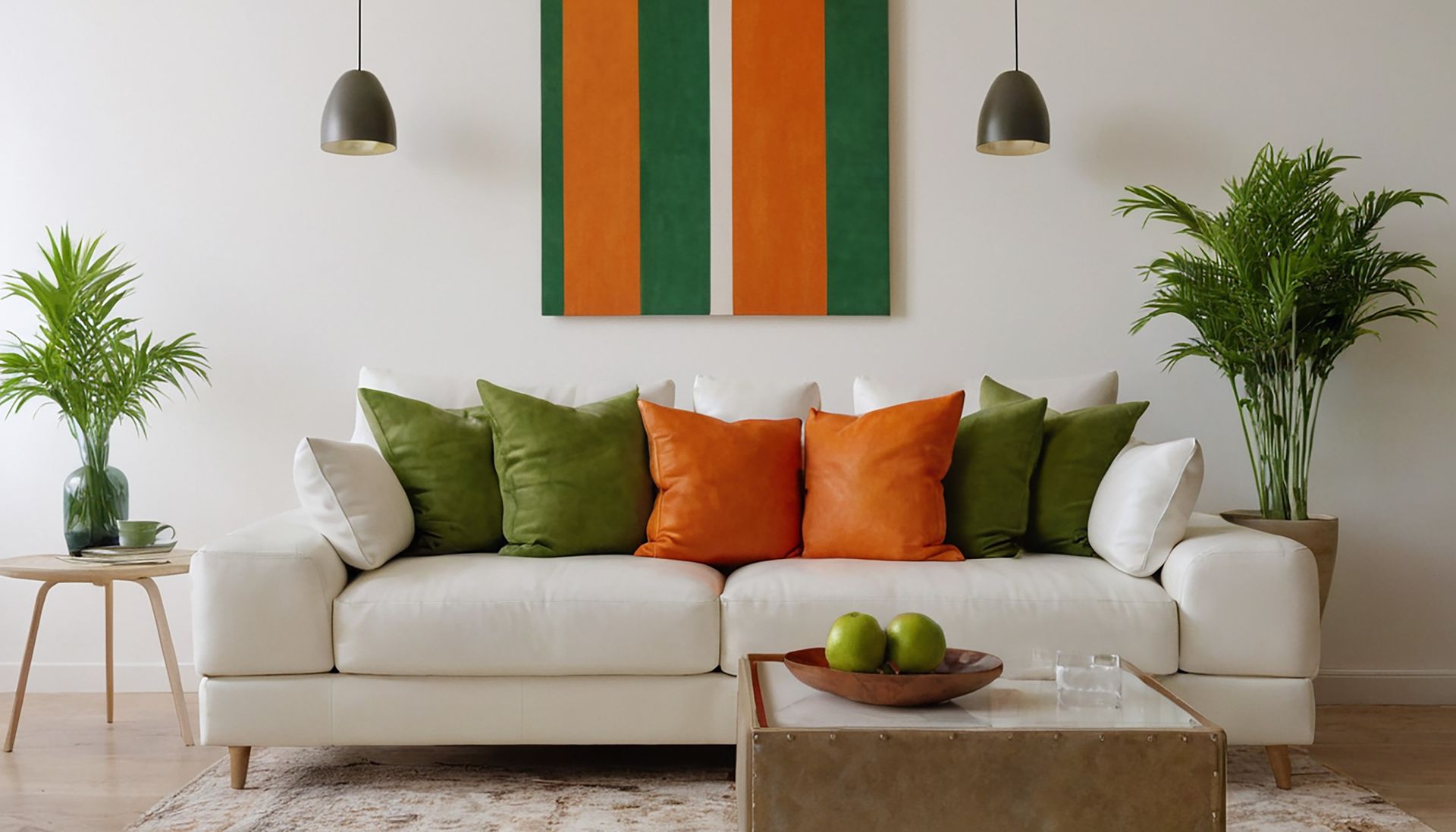 Sofá blanco con almohadones verdes y naranjas, obras de arte, plantas y mesa auxiliar.