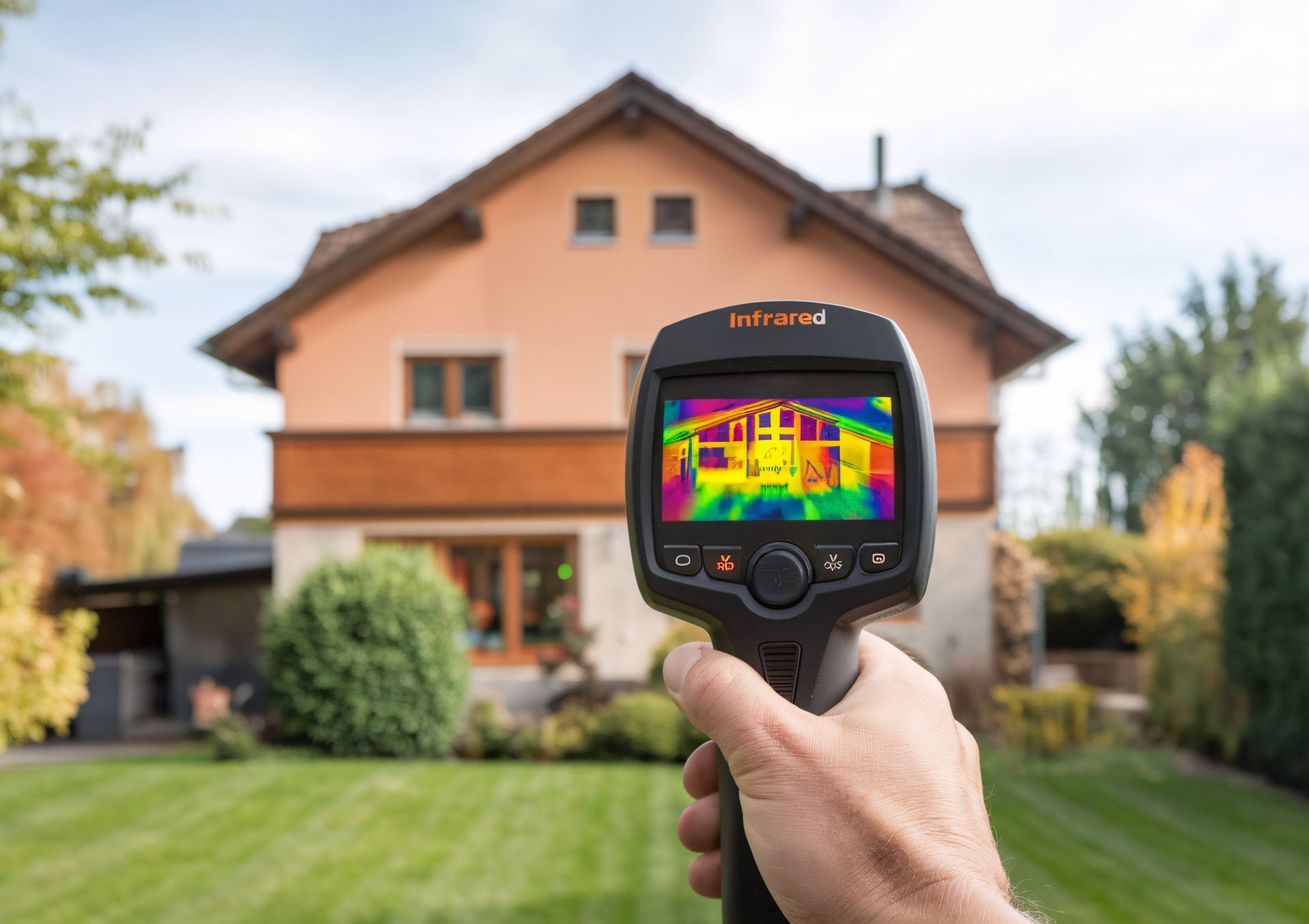 Caméra thermique portable pointée vers une maison.