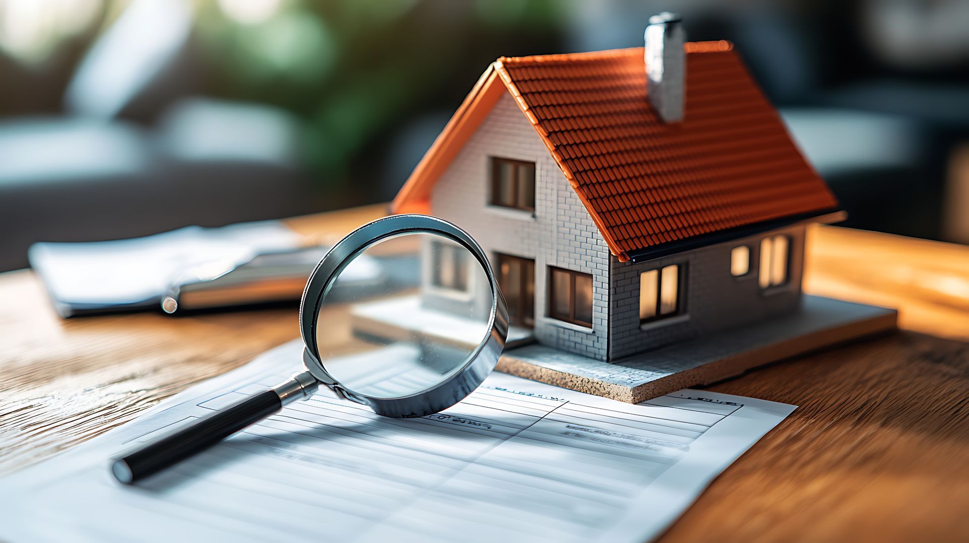 Loupe sur une maquette de maison sur des documents.