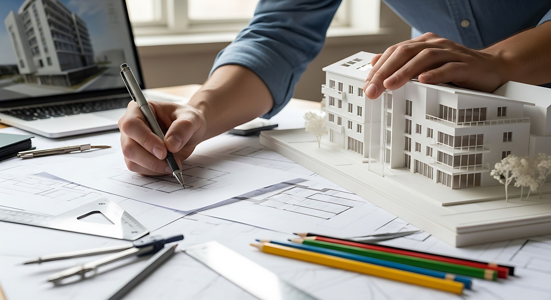Un architecte dessine des plans à côté d'une maquette détaillée d'un bâtiment, avec des crayons de couleur, sur un bureau.