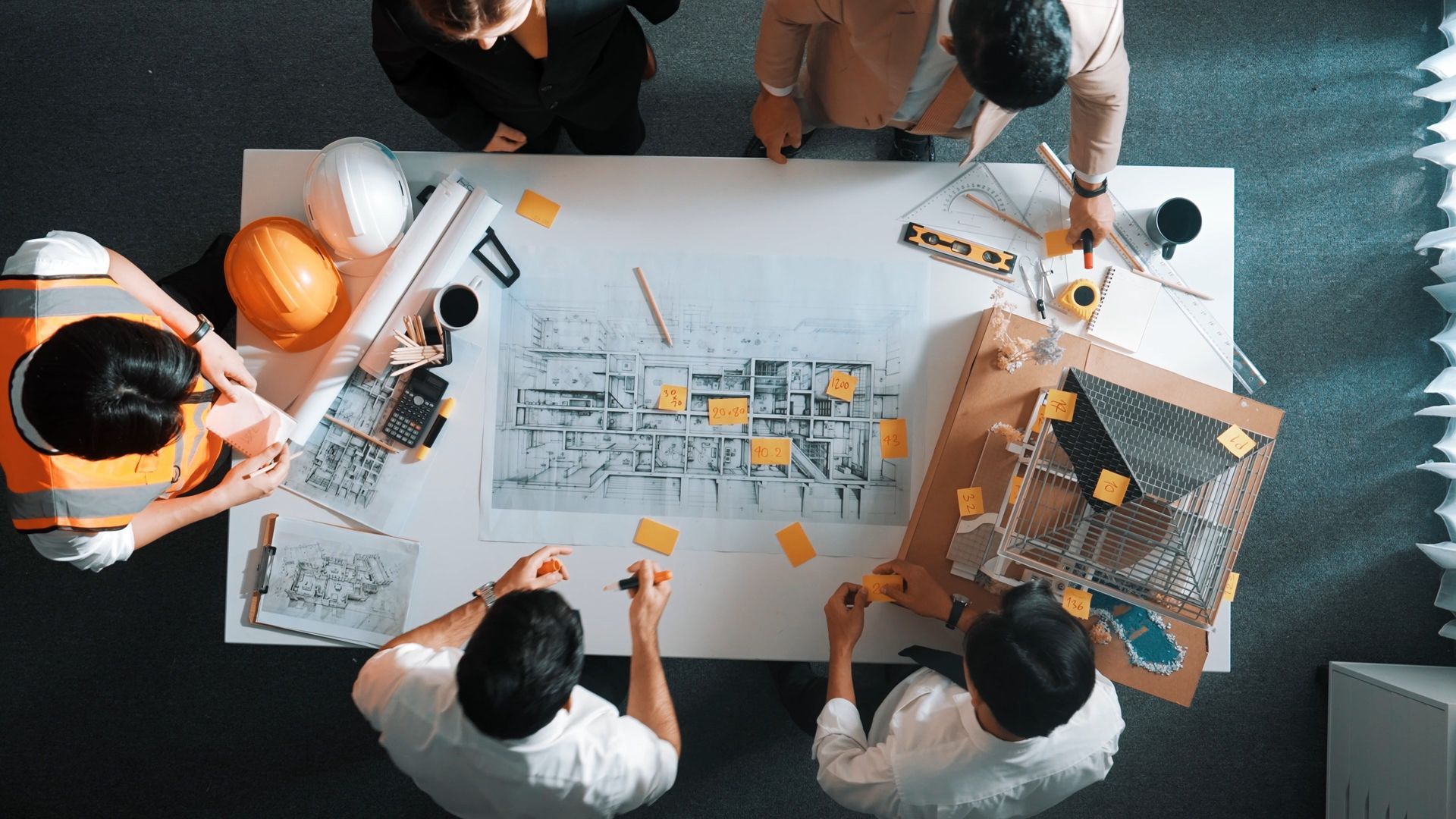 Une équipe collabore autour d'une grande table avec des plans architecturaux et des maquettes dans un bureau.