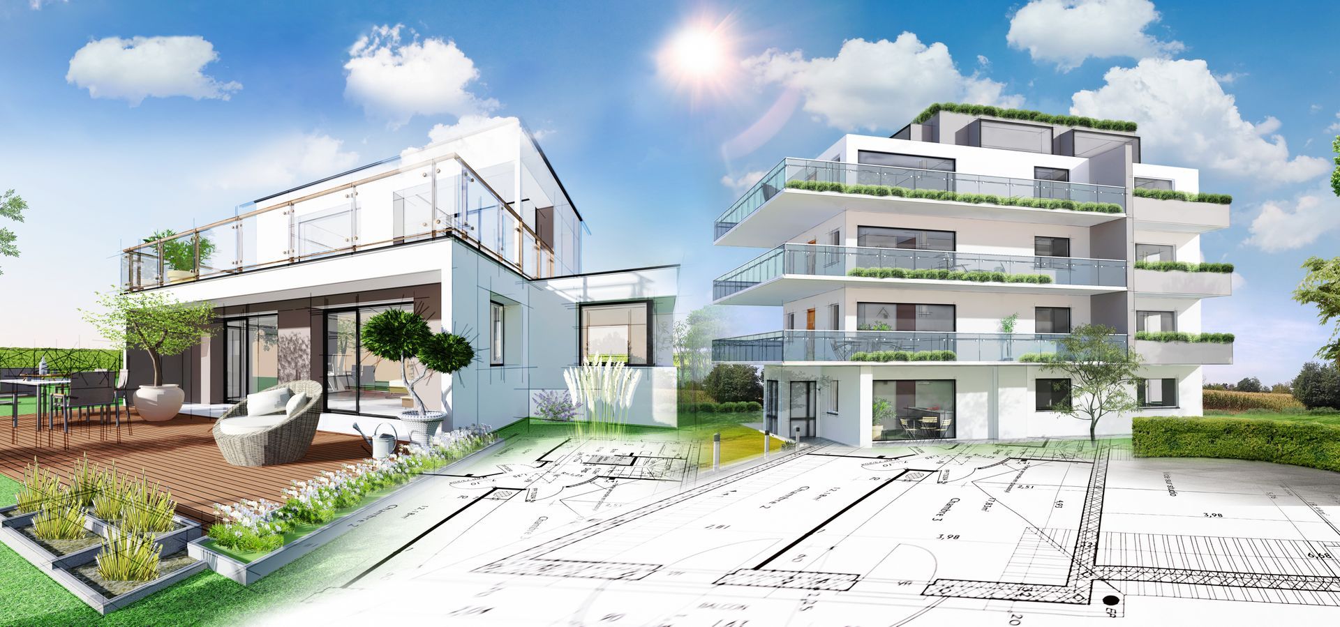 Immeubles d'appartements modernes blancs avec balcons et jardins paysagers sous un ciel d'un bleu éclatant.