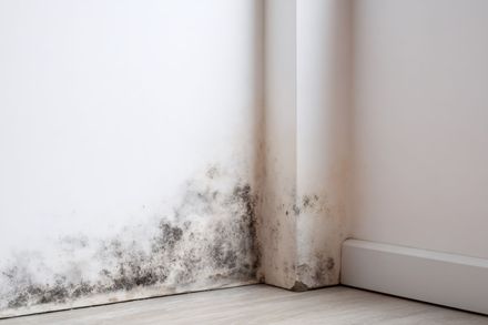 Taches de moisissure et d'humidité le long du bas d'un mur blanc dans un coin de pièce.