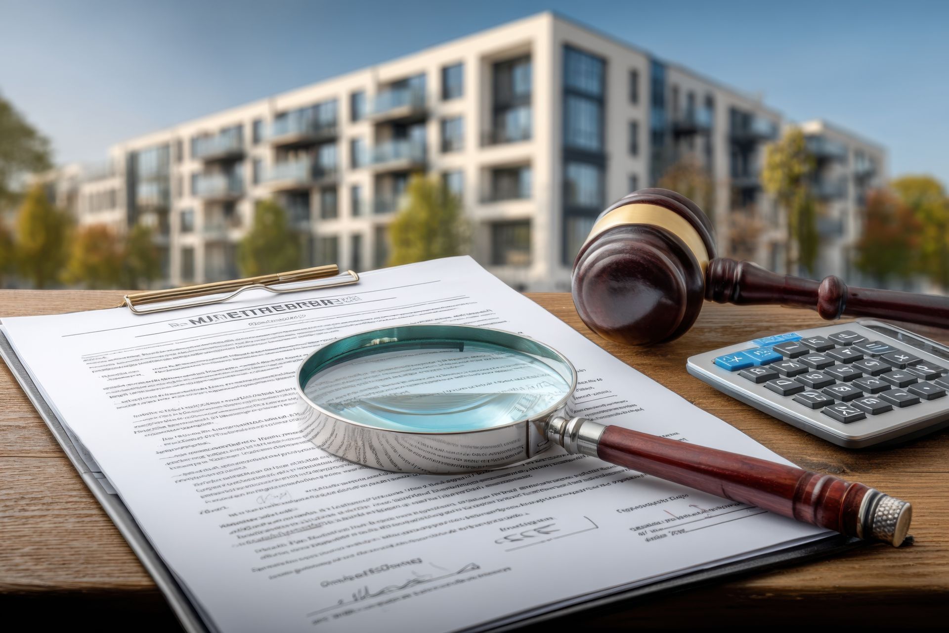 Loupe, maillet et calculatrice sur des documents devant l'immeuble, suggérant une inspection ou une évaluation du bien.