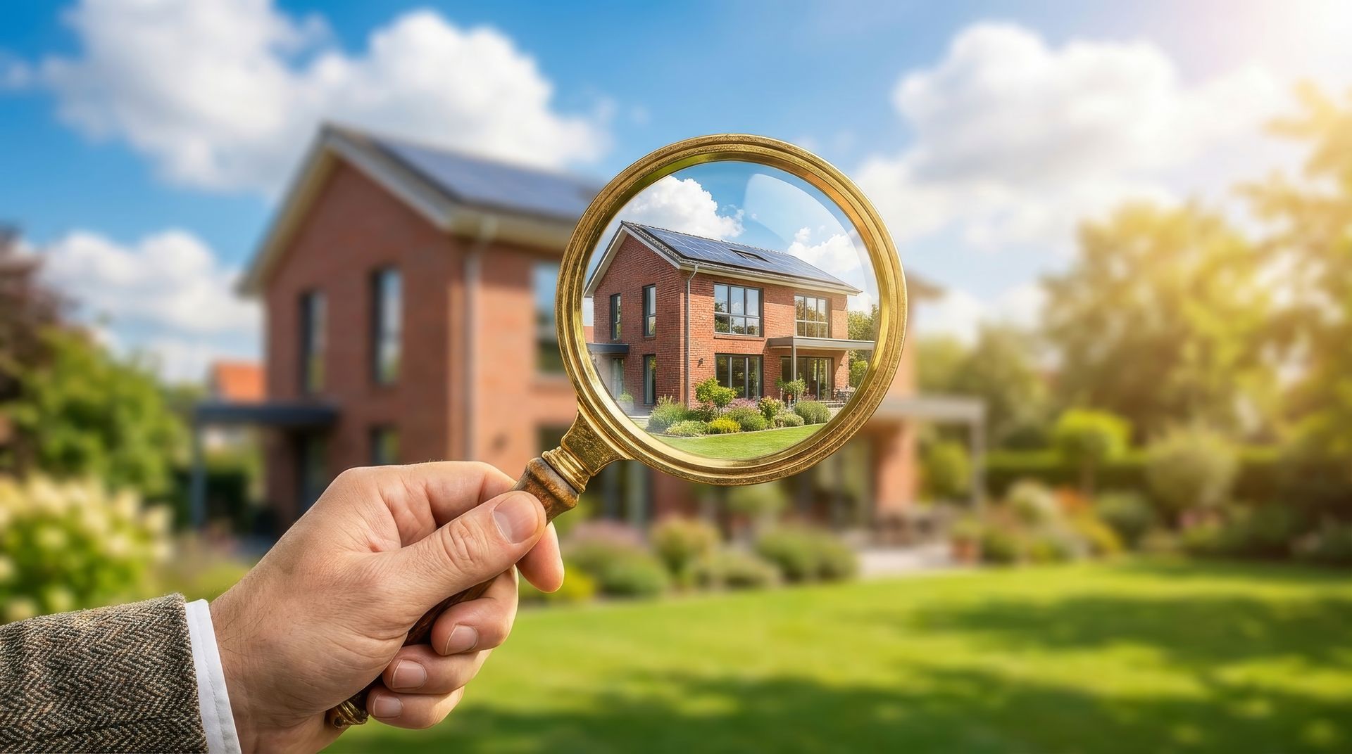 Main tenant une loupe au-dessus d'une maison et d'un jardin de banlieue baignés de soleil.