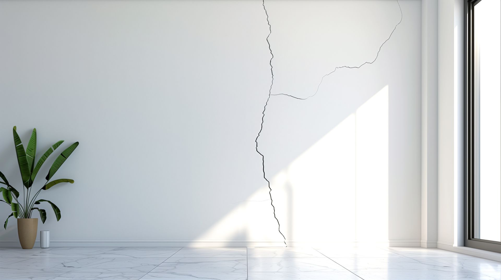 Pièce blanche minimaliste avec une haute fissure dans le mur, un sol ensoleillé et une plante en pot contre le mur de gauche.