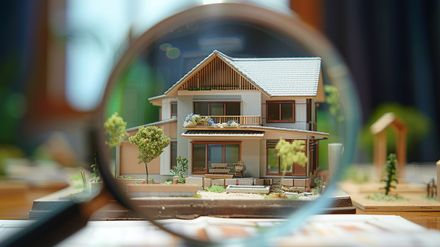 Maquette de maison miniature observée à la loupe sur un bureau, avec des outils flous en arrière-plan.