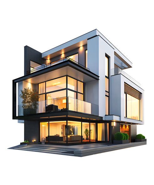 Maison moderne de luxe sur trois étages avec de grandes baies vitrées et un éclairage intérieur chaleureux au crépuscule.