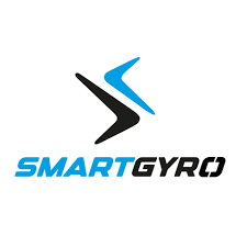 Logotipo de Smartgyro, que presenta una forma estilizada de bumerán azul y negro sobre el texto