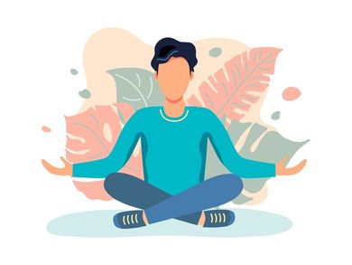 Hombre en posición de loto, brazos extendidos, meditando con fondo floral abstracto en colores pastel.