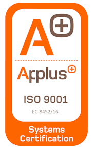 Logotipo naranja y blanco de certificación de sistemas ISO 9001 de Applus con el texto EC-8452/16