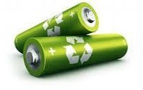 Dos baterías verdes recargables con símbolos de reciclaje sobre un fondo blanco