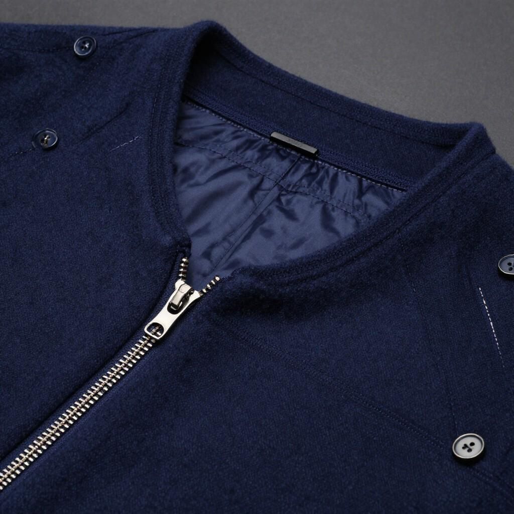Una chaqueta estilo bomber de color azul oscuro, con textura de lana, cierre de cremallera frontal, cuello acanalado