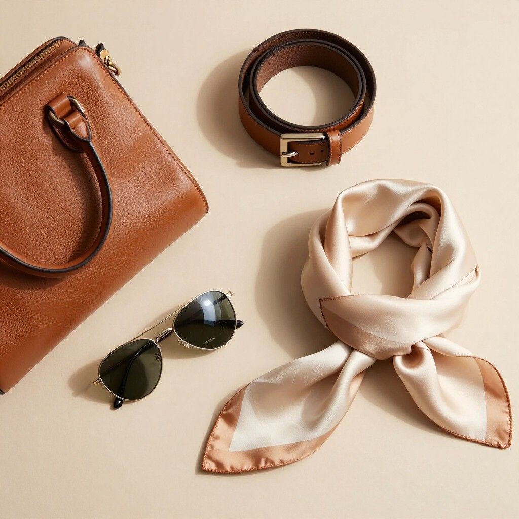 Un bolso de piel marrón, un cinturón a juego, un pañuelo de seda beige y gafas de sol