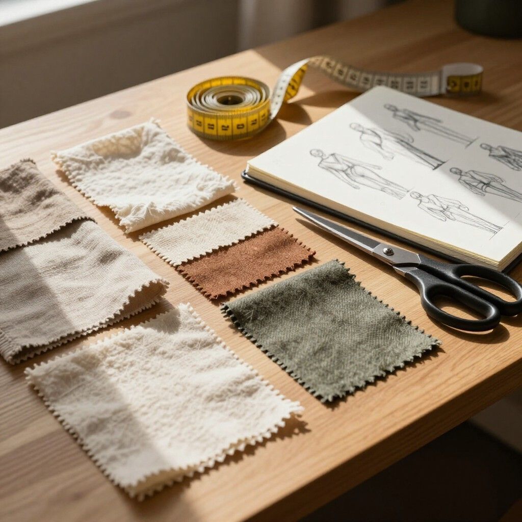 Muestras de tela en color crema, marrón y verde, con tijeras, una cinta métrica y un bloc de dibujo de moda
