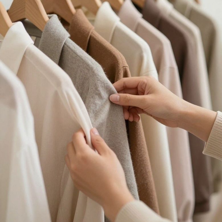 Manos seleccionando prendas de tonos neutros colgadas en perchas en un armario.