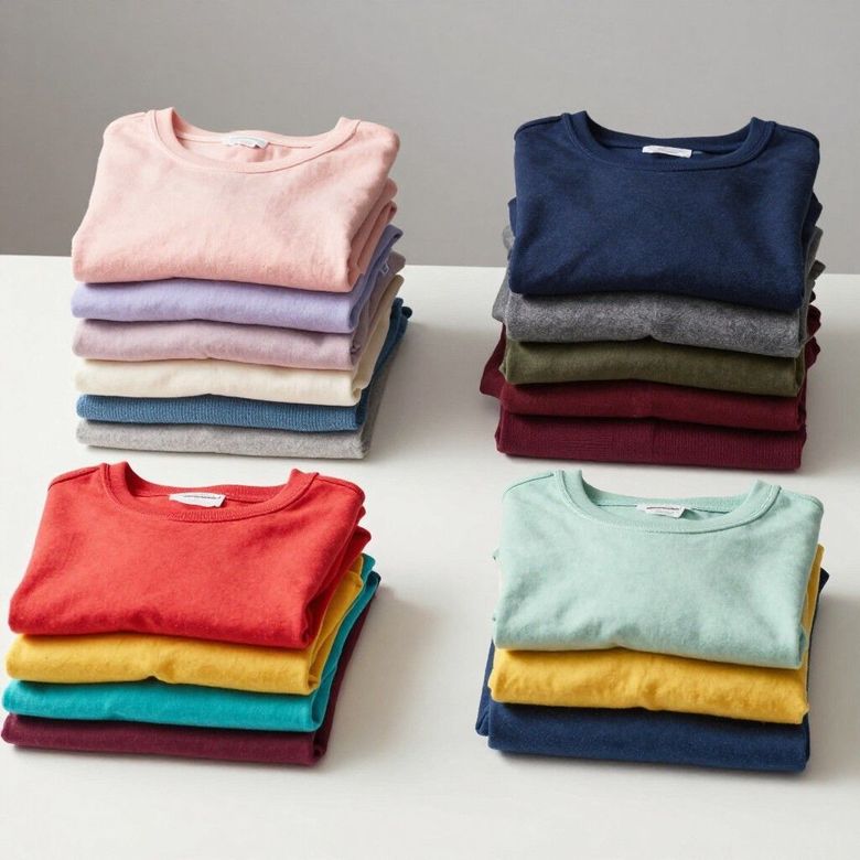 Cuatro pilas organizadas de suéteres de cuello redondo de colores, cuidadosamente doblados