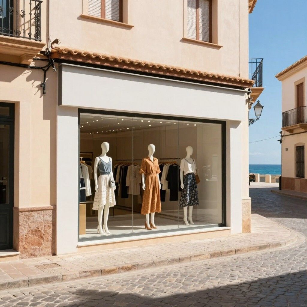 Una tienda boutique en una soleada calle mediterránea adoquinada, con tres maniquíes que exhiben ropa en el escaparate.