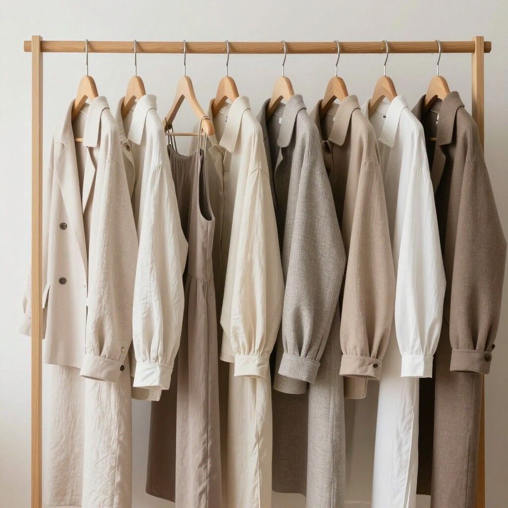 Un perchero de madera sostiene ocho prendas de tonos neutros, entre ellas abrigos largos, camisas y un vestido