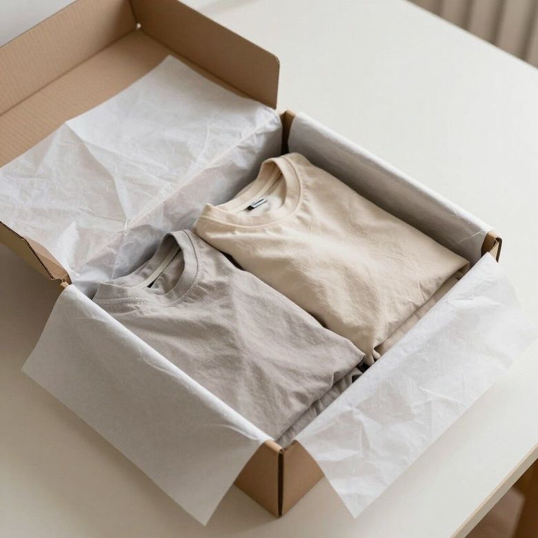 Dos camisetas dobladas, de color beige y gris claro, cuidadosamente empaquetadas en una caja de cartón abierta para envíos