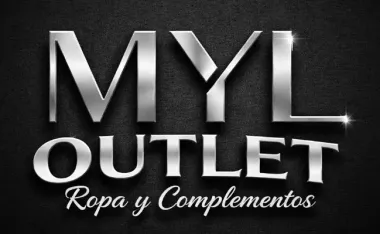 Logotipo de "MYL OUTLET Ropa y Complementos" con letras plateadas metalizadas con efecto 3D sobre un fondo negro texturizado.