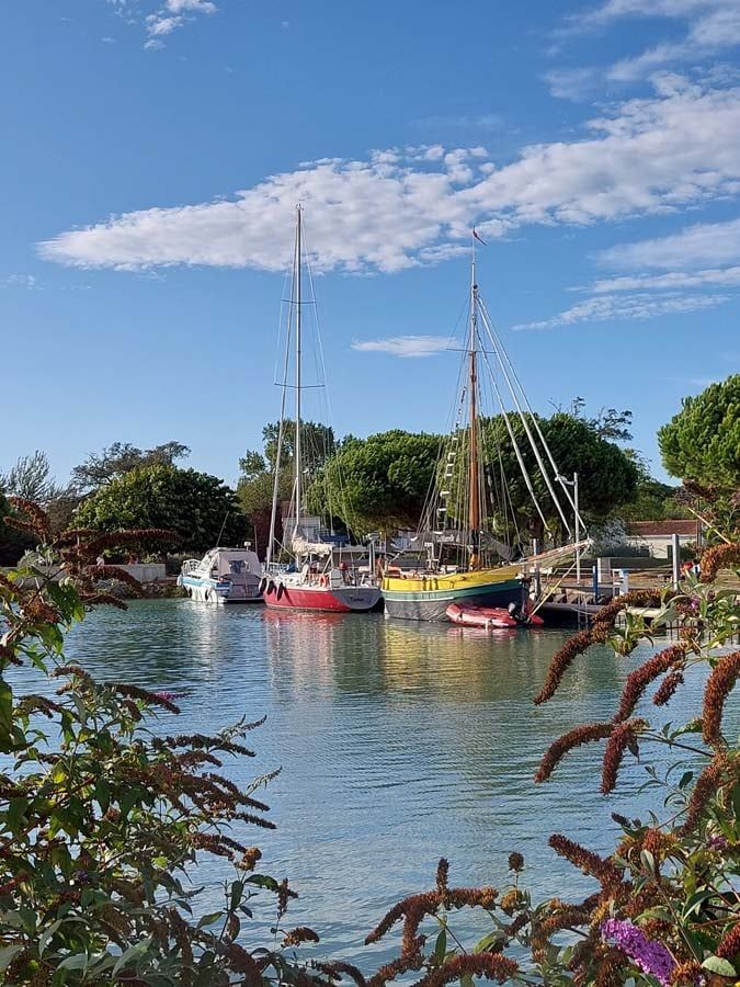 Des voiliers amarrés dans un port, sous un ciel bleu parsemé de nuages ​​cotonneux. 
