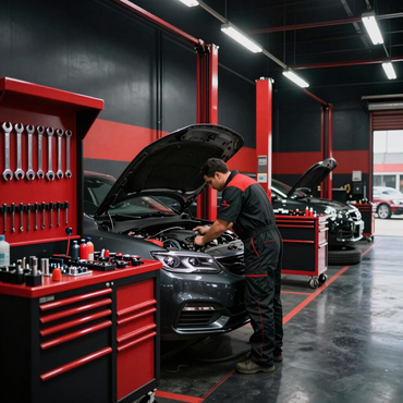 Une personne en tenue de travail se penche dans le compartiment moteur ouvert d'une voiture pour retirer un bouchon de liquide jaune ; une trousse à outils se trouve à proximité.
