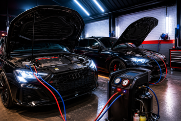 Gros plan sur la roue avant d'une voiture de sport noire, avec une jante argentée et un étrier de frein rouge, sur fond noir.