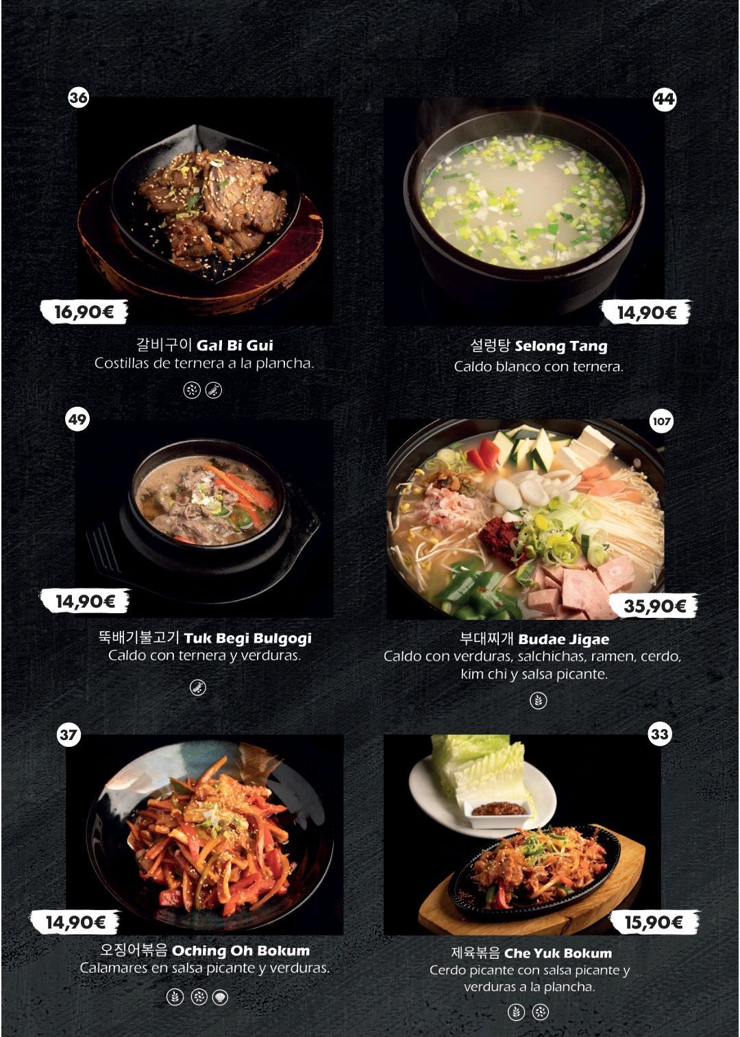Collage de seis platos coreanos en cuencos negros, con precios sobre un fondo estilo menú