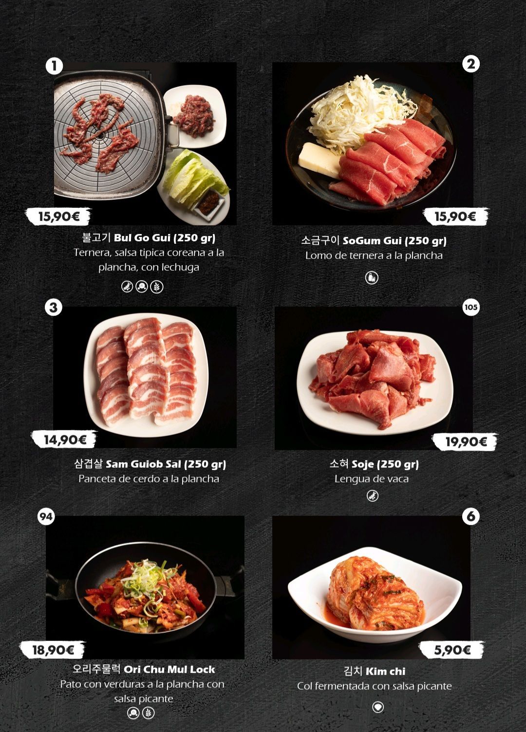 Cuadrícula de menú de comida coreana con platos de carne, guarniciones, precios y fotos de los platos sobre un fondo negro