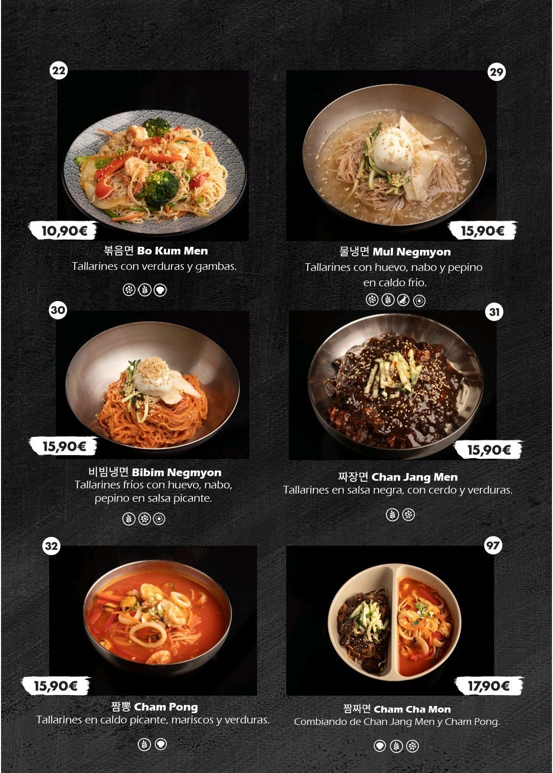 Página de menú de restaurante con seis platos de fideos y sus precios sobre un fondo oscuro