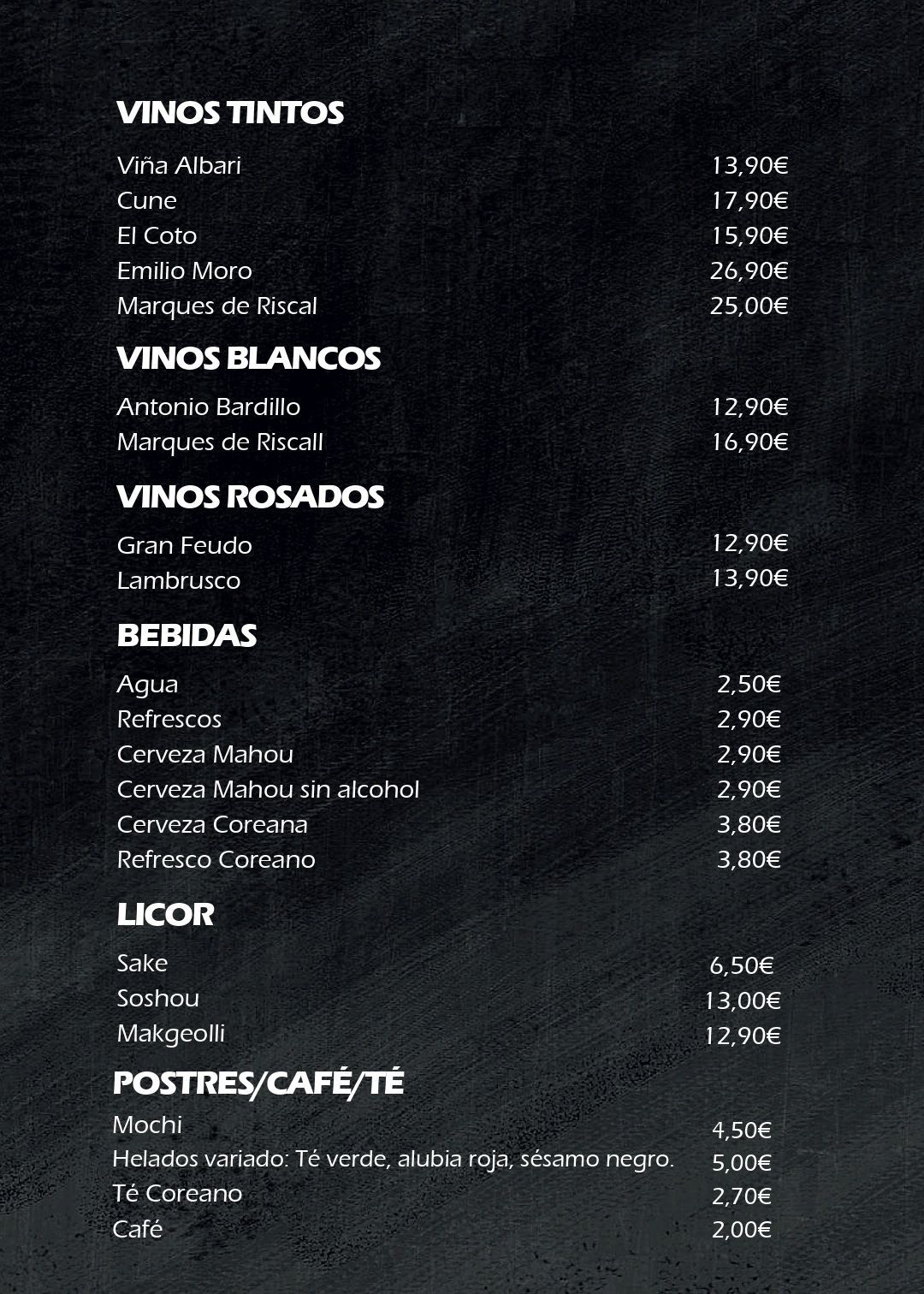 Menú de bebidas del restaurante Black en español, con precios de vinos, bebidas, licores y café/té