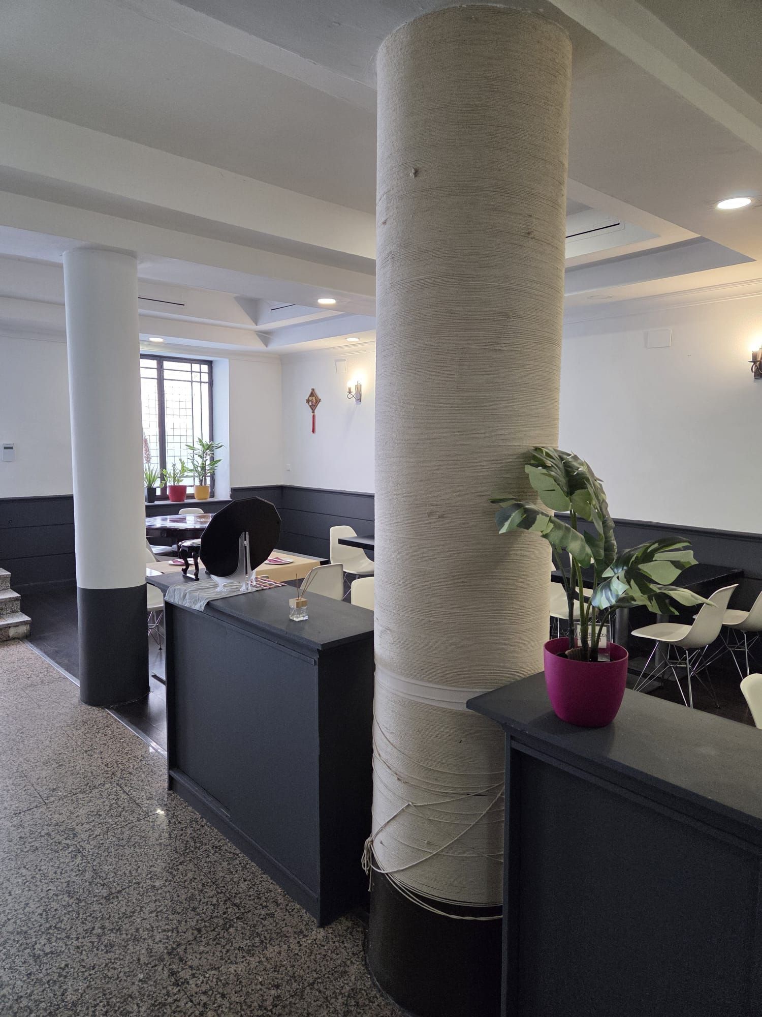 Vestíbulo con columnas blancas, mostradores negros y plantas en macetas en el interior moderno de una oficina