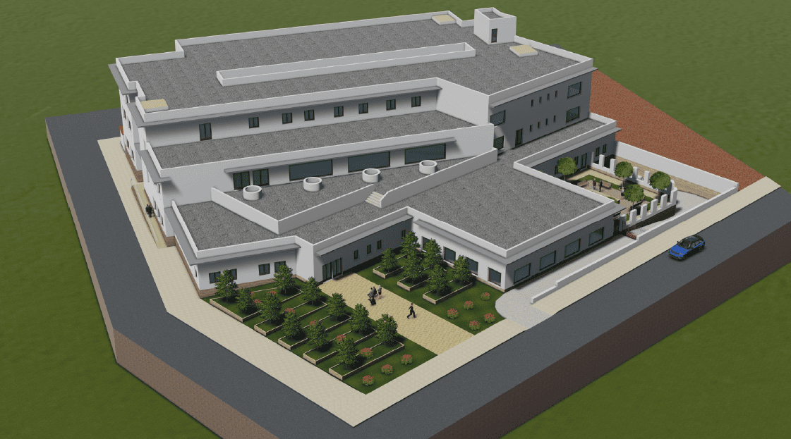 Una vista aérea de un gran edificio con un coche aparcado delante de él.