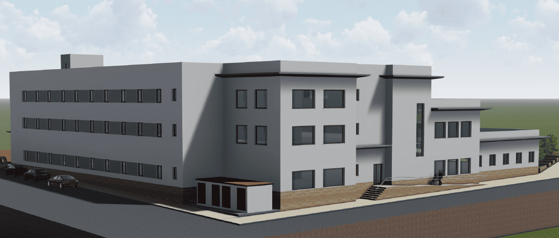 Impresión artística de un gran edificio blanco con muchas ventanas.