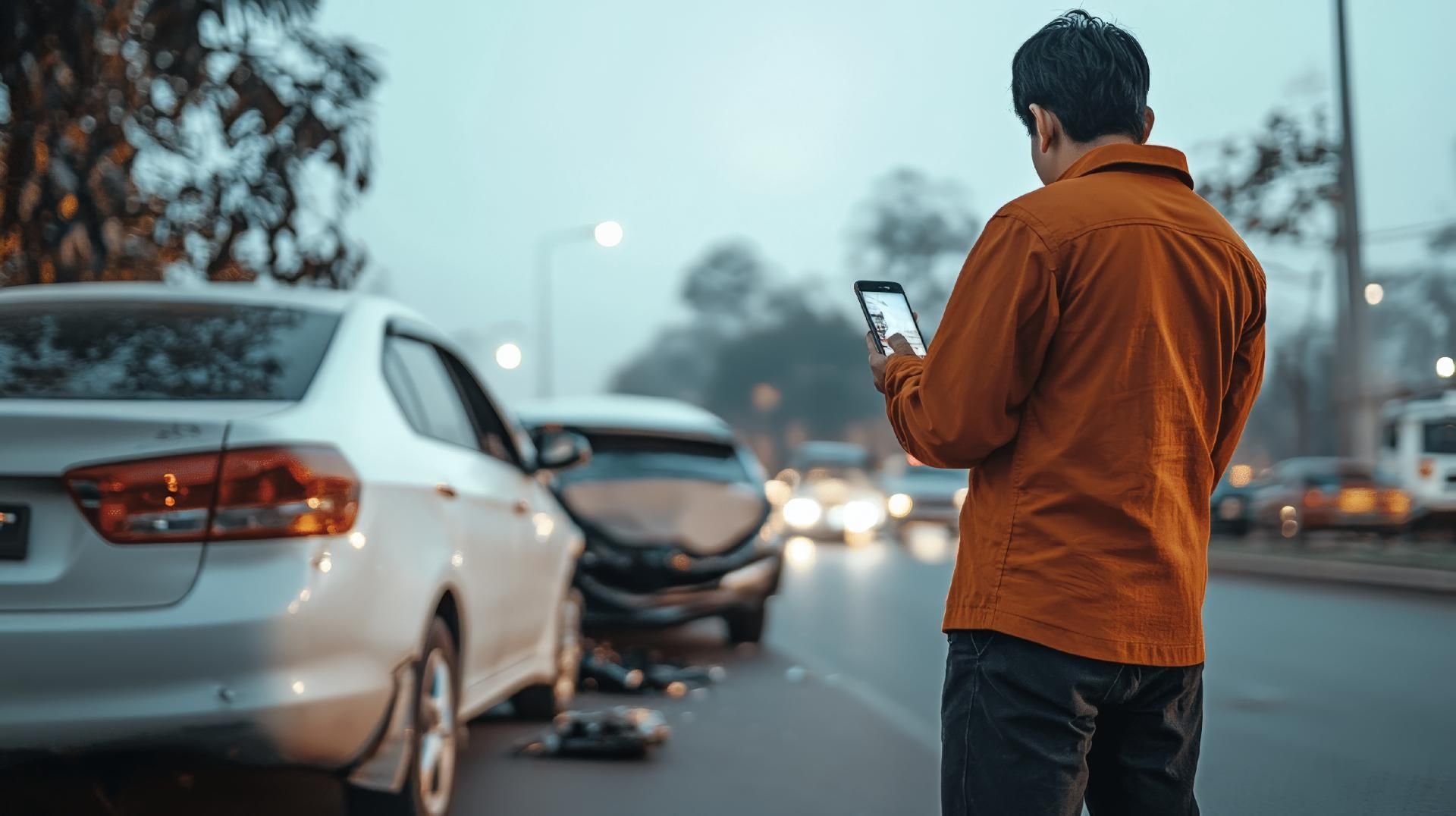 Nach einem Autounfall macht der Fahrer ein Foto von der Unfallstelle
