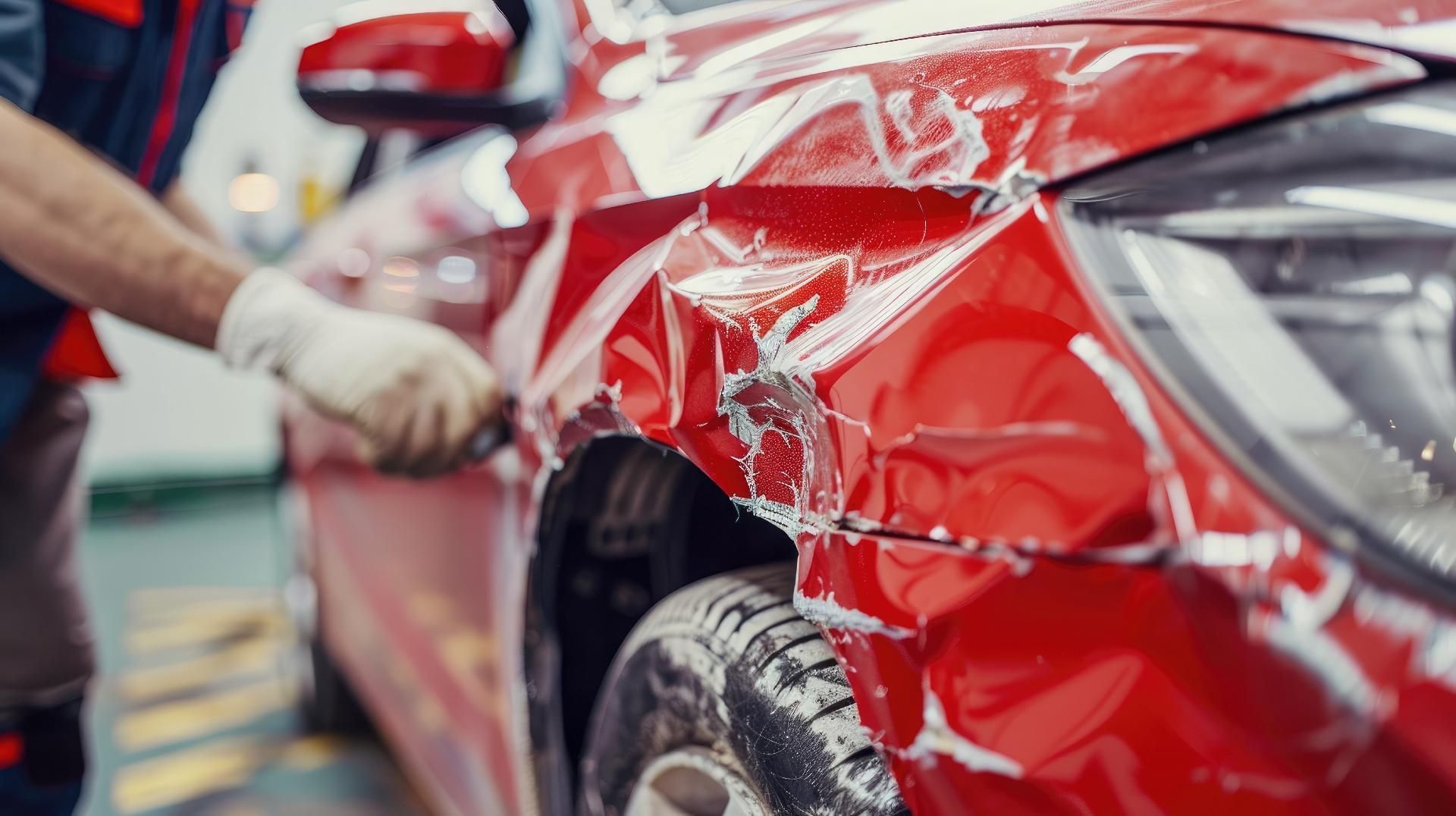 Ein Mann repariert ein rotes Auto nach einem Unfall