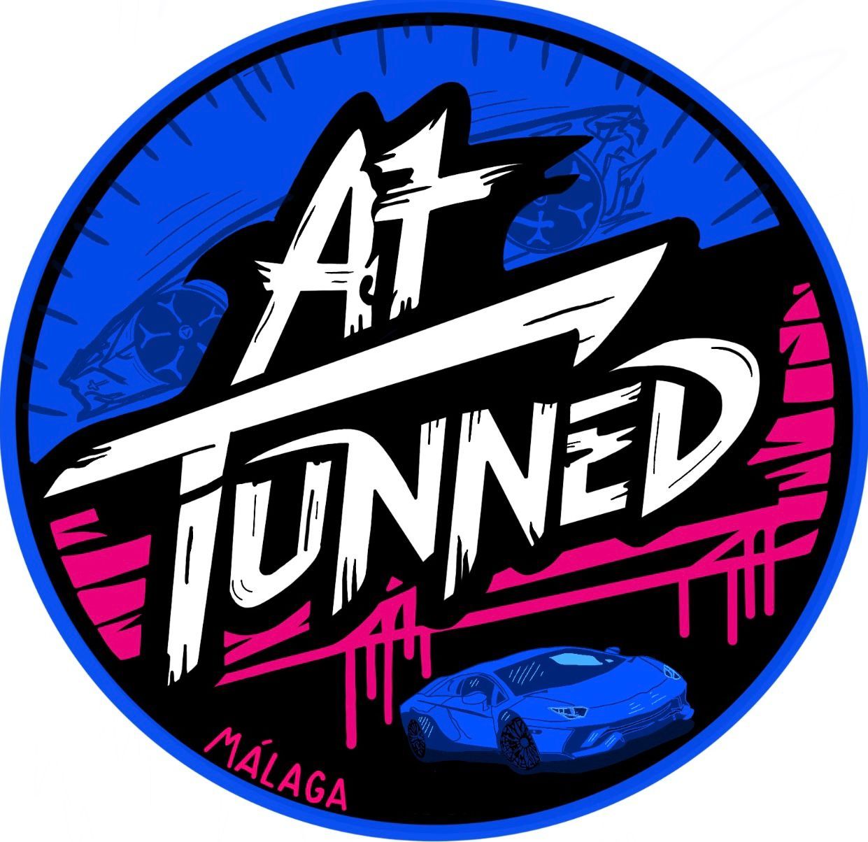 Logotipo: "AT Tunned" en blanco, sobre la imagen de un coche azul, dentro de un círculo negro y azul. "Málaga" debajo.